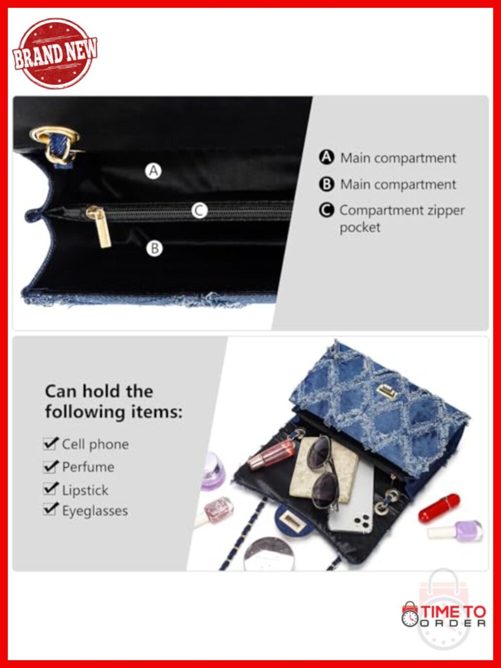 Quilted Denim Crossbody Bag Satchel Shoulder Purse with Chain Strap - Picture 3 of 6
